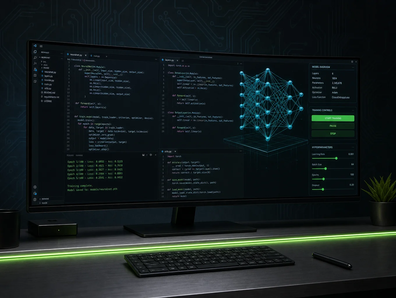 Tech and AI creator workstation displaying neural models and machine learning workflows
