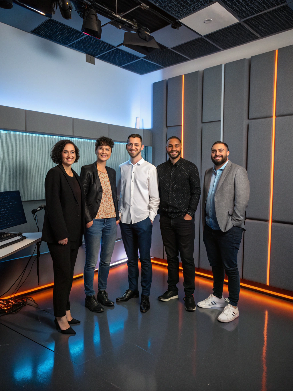 Content creators collaborating in a professional studio production setup with lighting and cameras