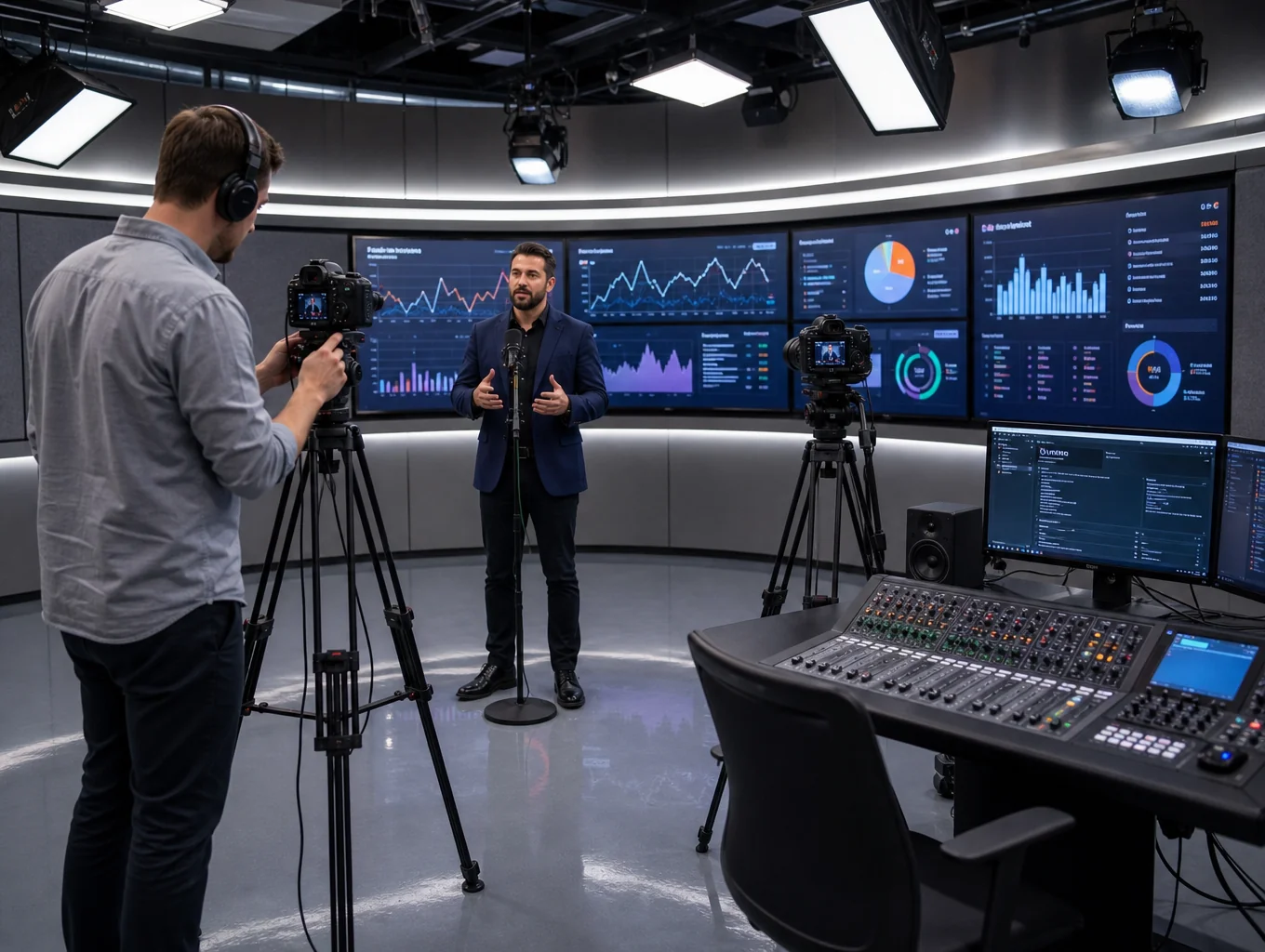 Business interview and finance podcast recording setup with dual microphones