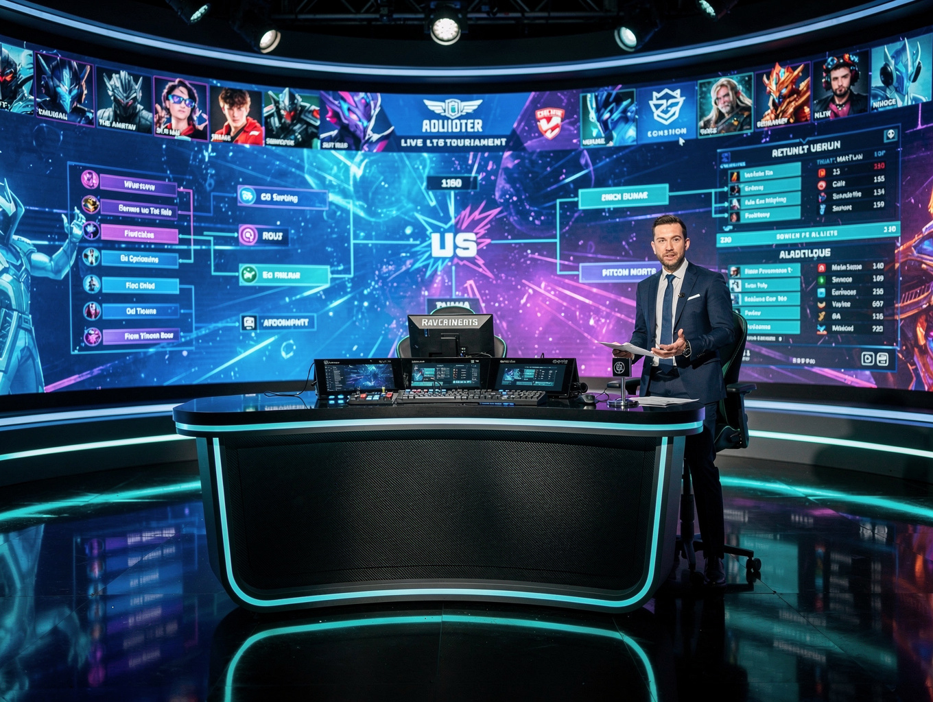 Esports commentator and gaming broadcaster streaming live at production desk