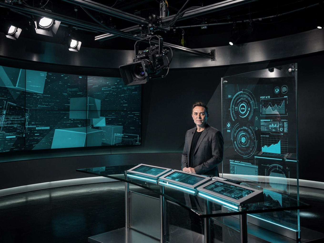Multi-camera broadcast set for male-skewing sports, tech, and finance creator productions