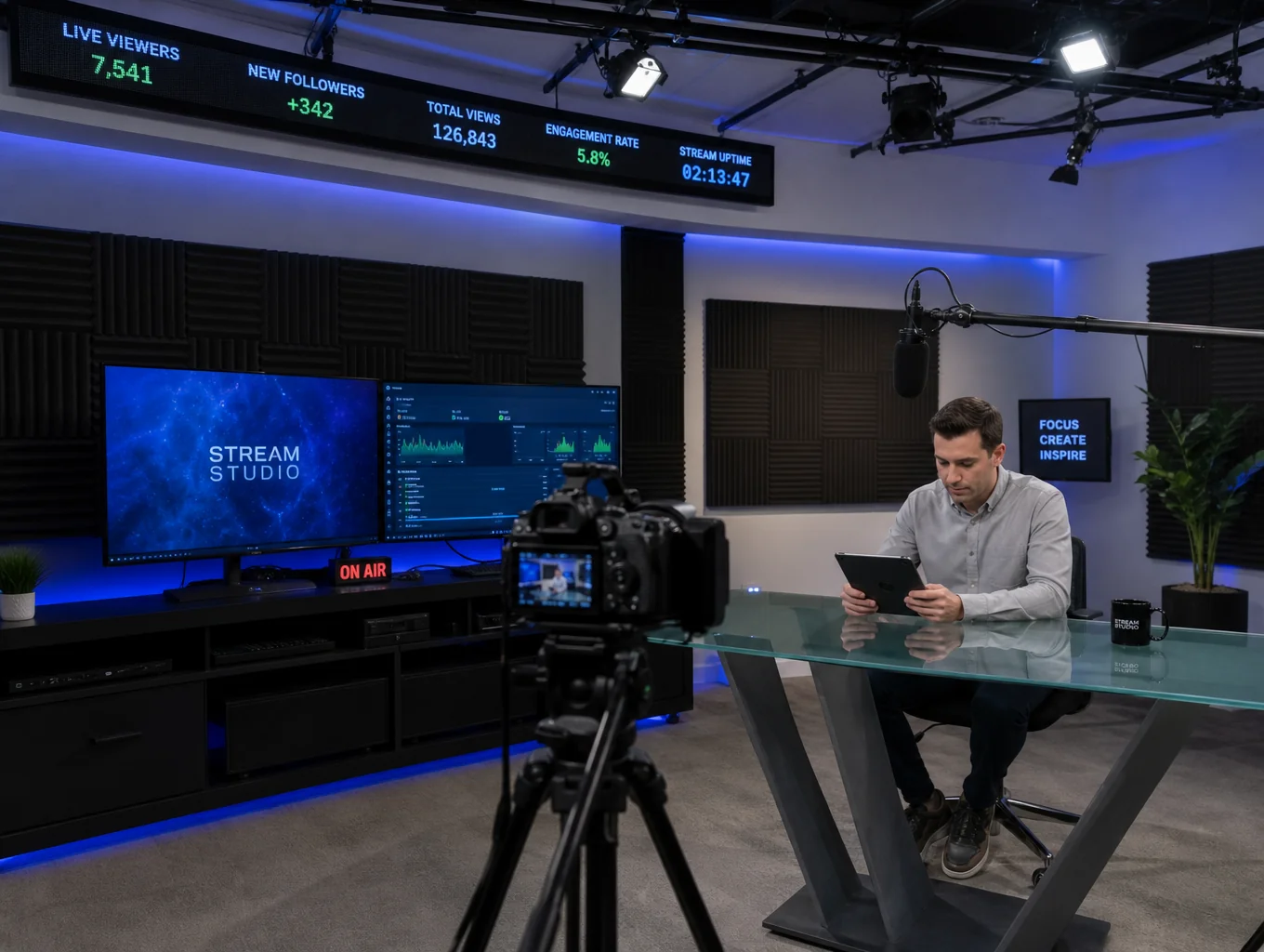 Nerd culture creator studio with collectibles, comic displays, and streaming cameras